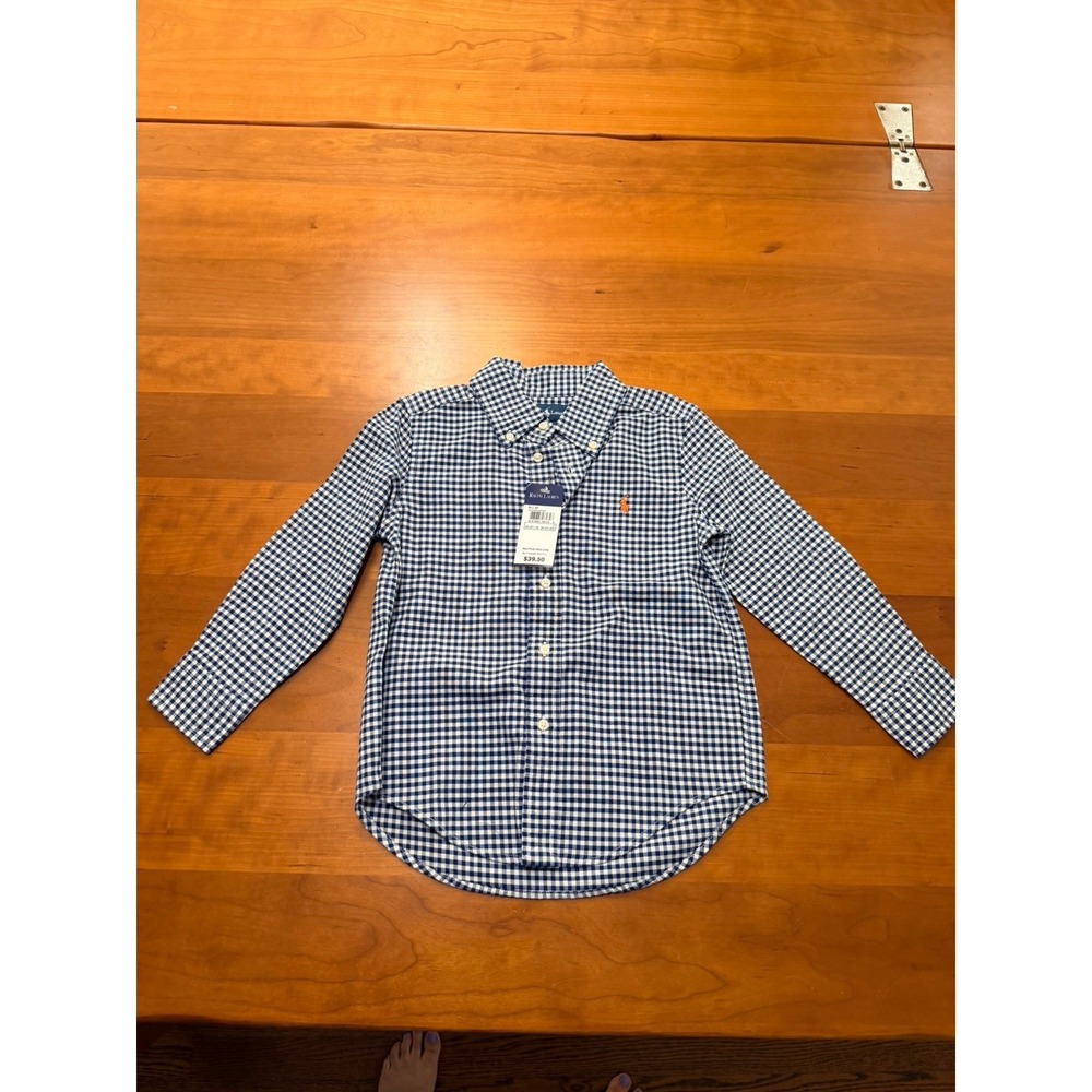 Vintage Ralph Lauren Boys Blue/White Gingham Cotton Button-Down Collar Shirt Sz4
